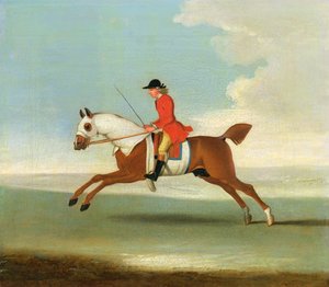 Galloping Racehorse at naka-mount na Jockey sa Red finn
